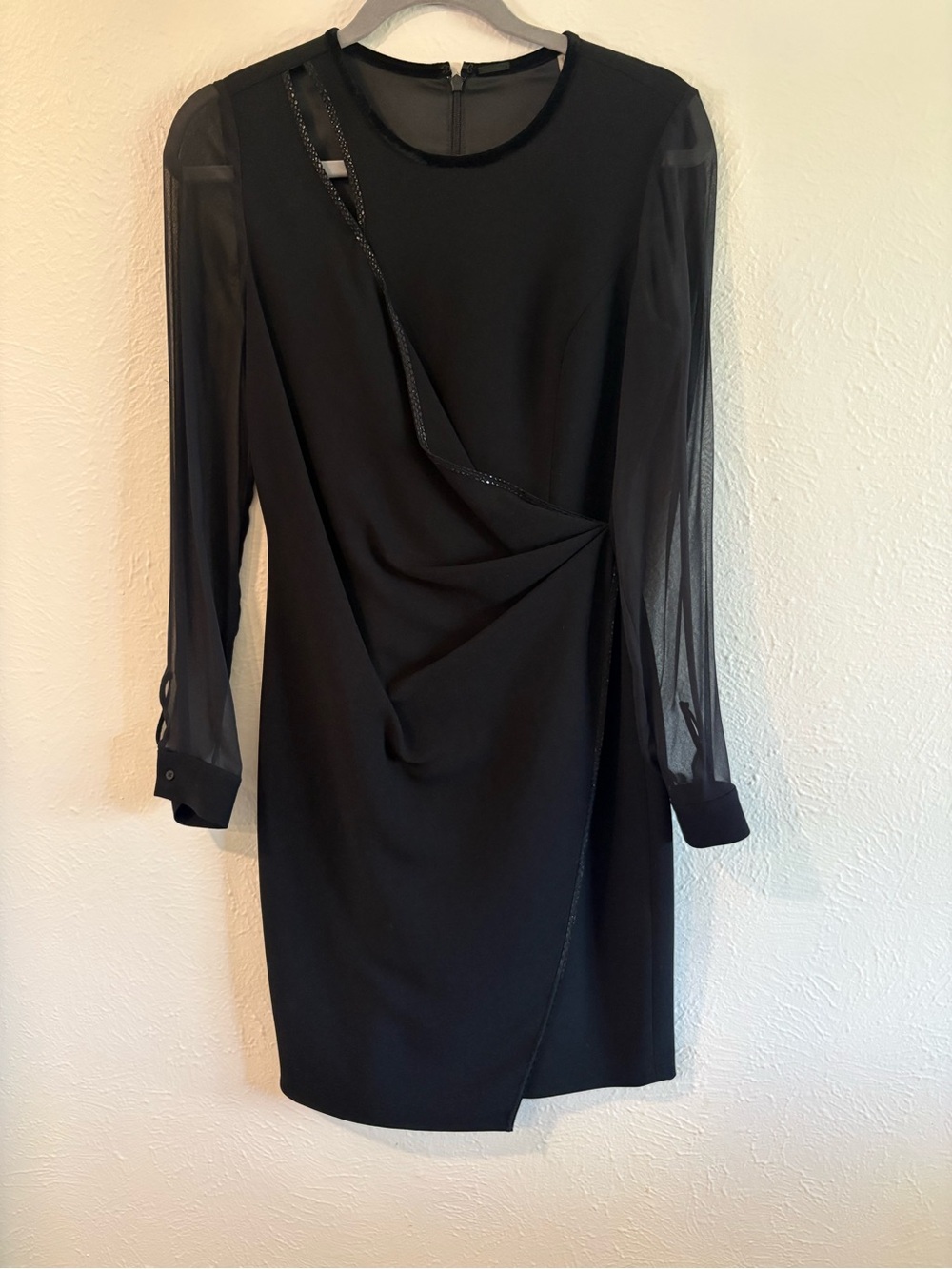 Elie Tahari Black Silk Sleeve Leather Trim Draped Dress Size 2